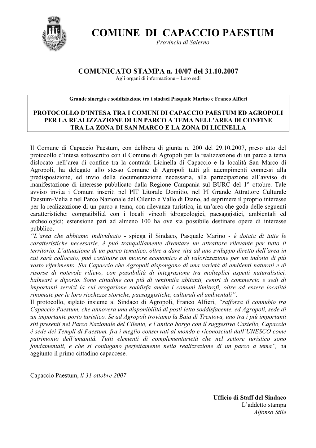 COMUNE DI CAPACCIO PAESTUM Provincia Di Salerno