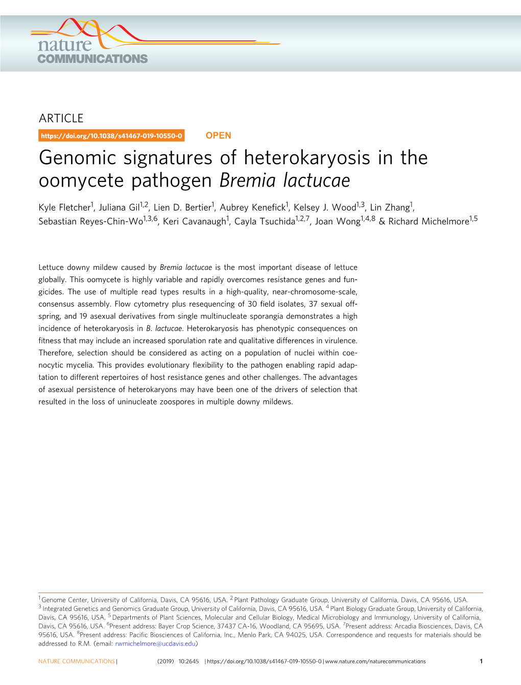 Genomic Signatures of Heterokaryosis in the Oomycete Pathogen Bremia Lactucae