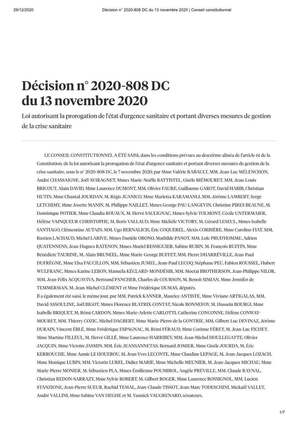Décision N° 2020-808 DC Du 13 Novembre 2020 | Conseil Constitutionnel