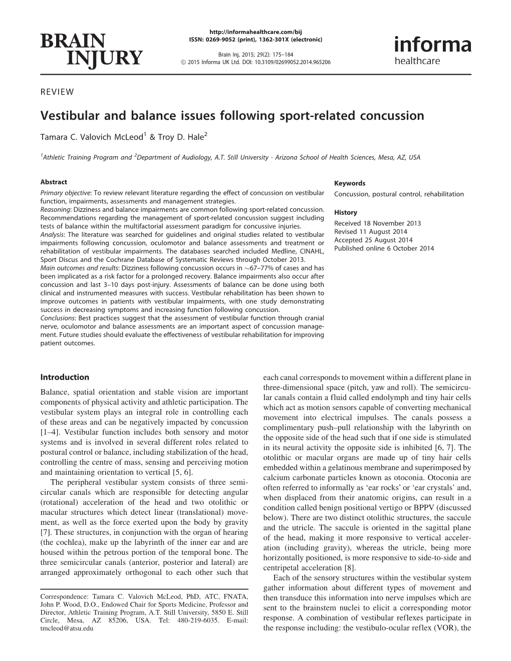 Vestibular and Balance Issues Following Sport-Related Concussion