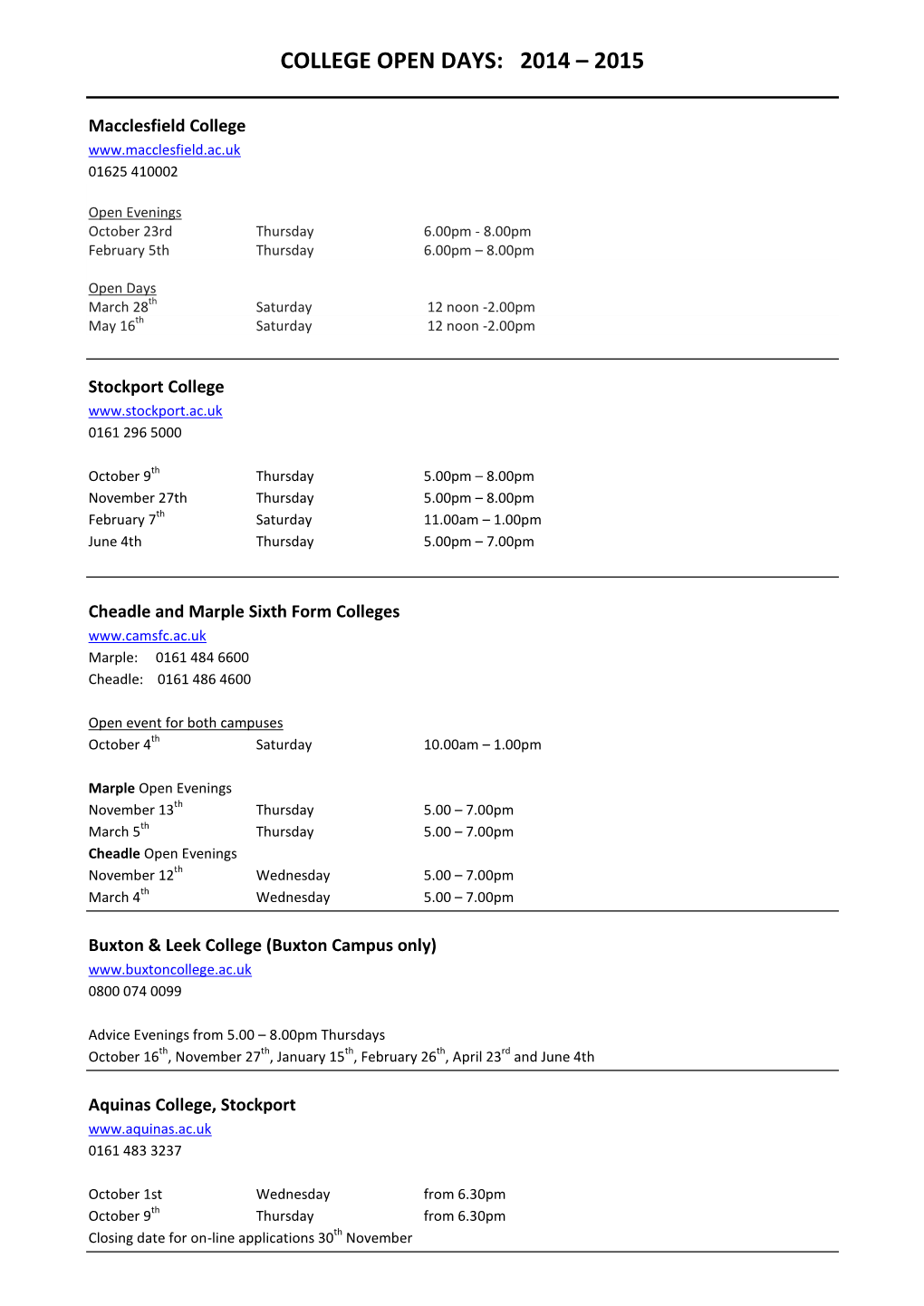 College Open Days: 2014 – 2015