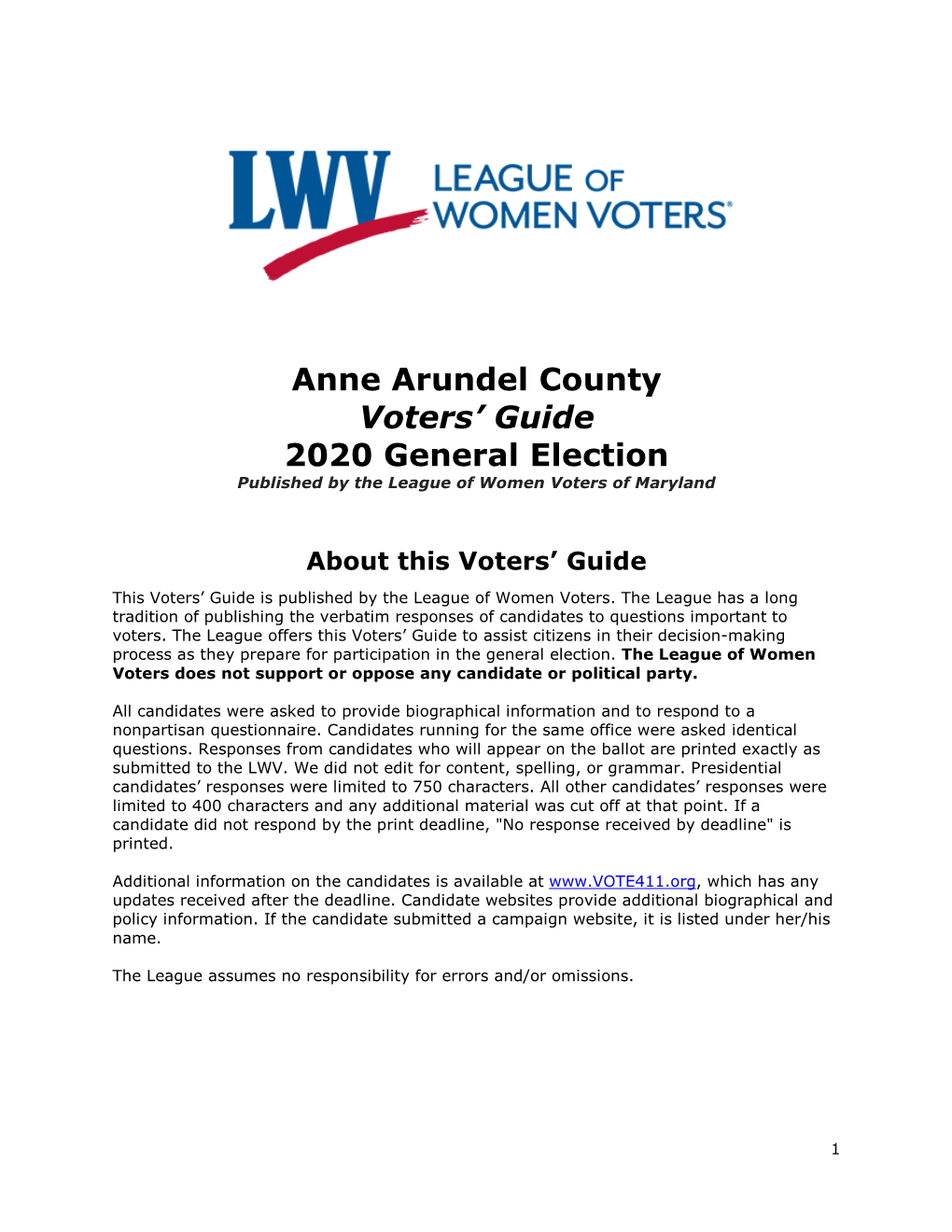 Anne Arundel County Voters' Guide 2020 Election