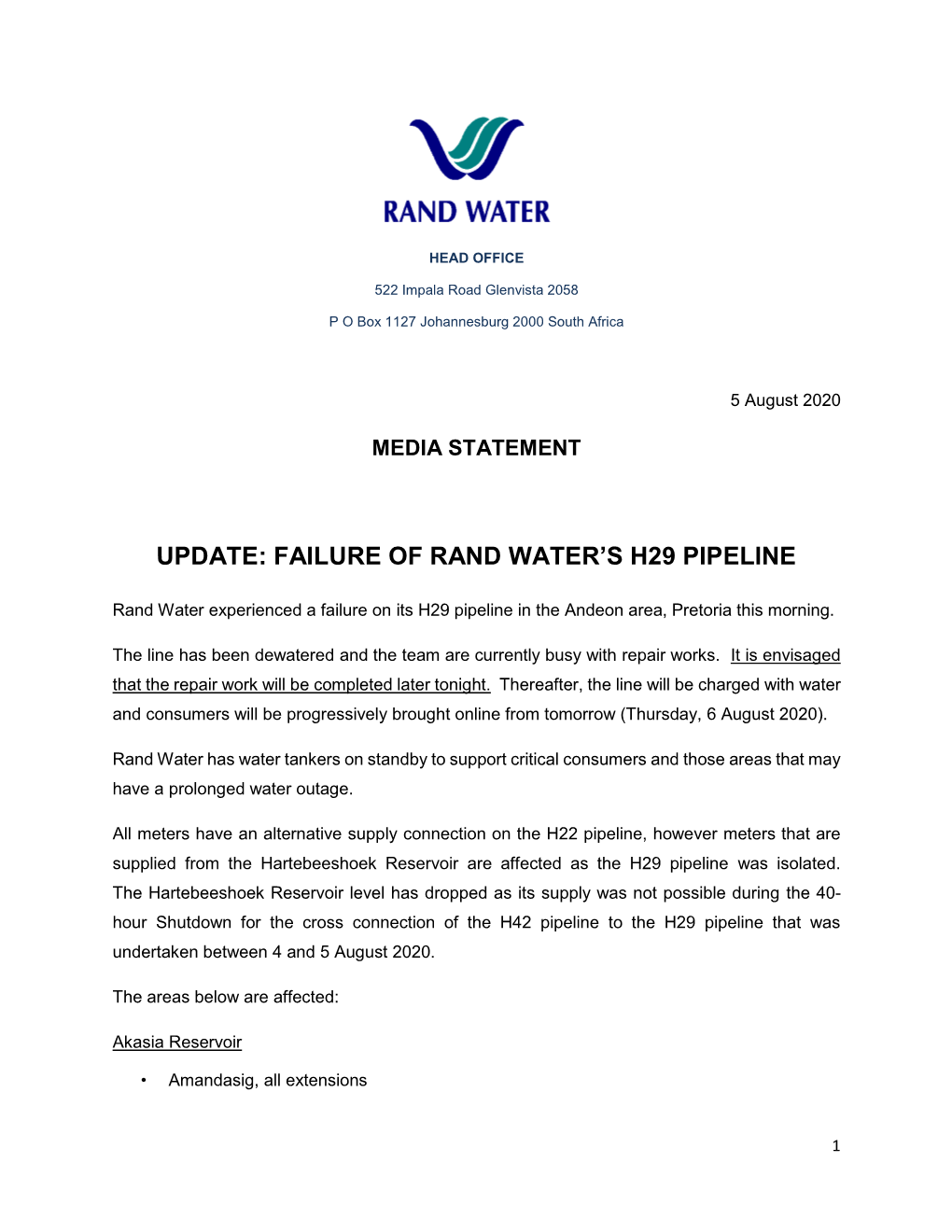 Update: Failure of Rand Water's H29 Pipeline
