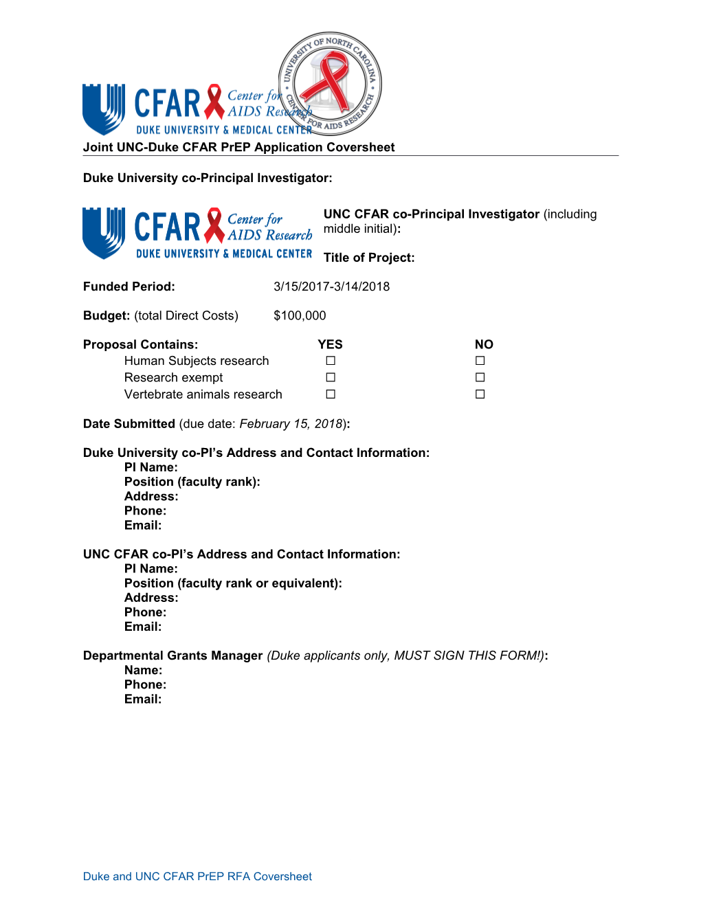 Joint UNC-Duke CFAR Prep Application Coversheet
