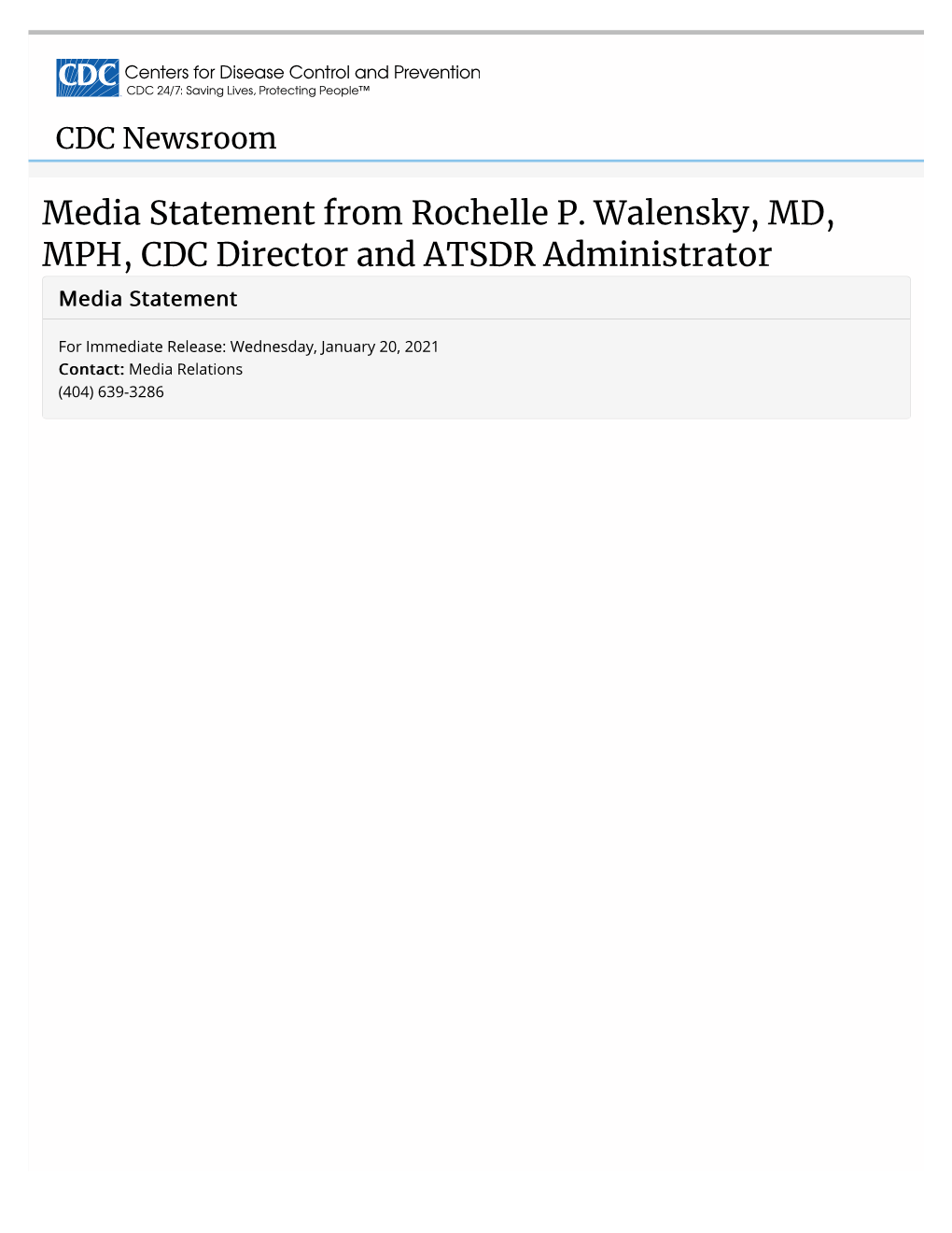 Media Statement from Rochelle P. Walensky, MD, MPH, CDC Director and ATSDR Administrator Media Statement