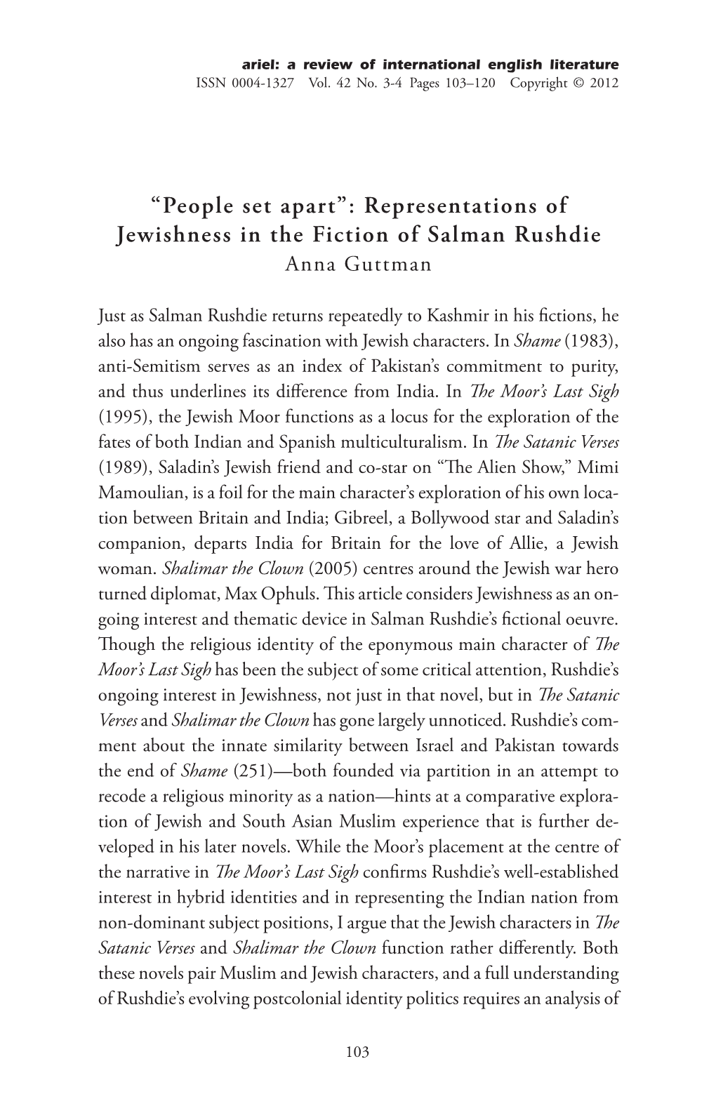 Representations of Jewishness in the Fiction of Salman Rushdie Anna Guttman