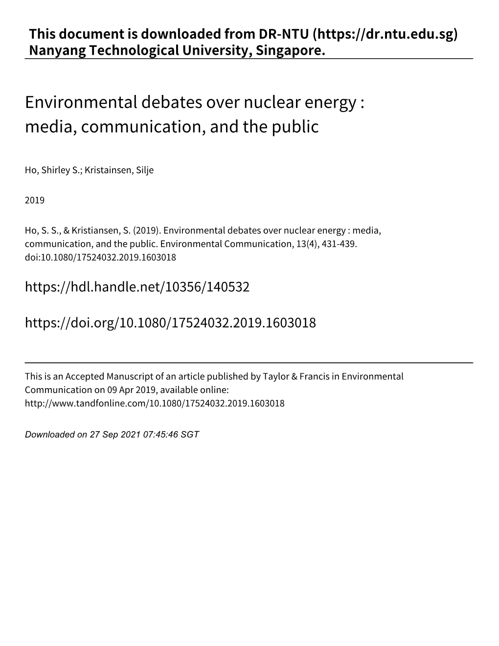 Environmental Debates Over Nuclear Energy : Media, Communication, and the Public