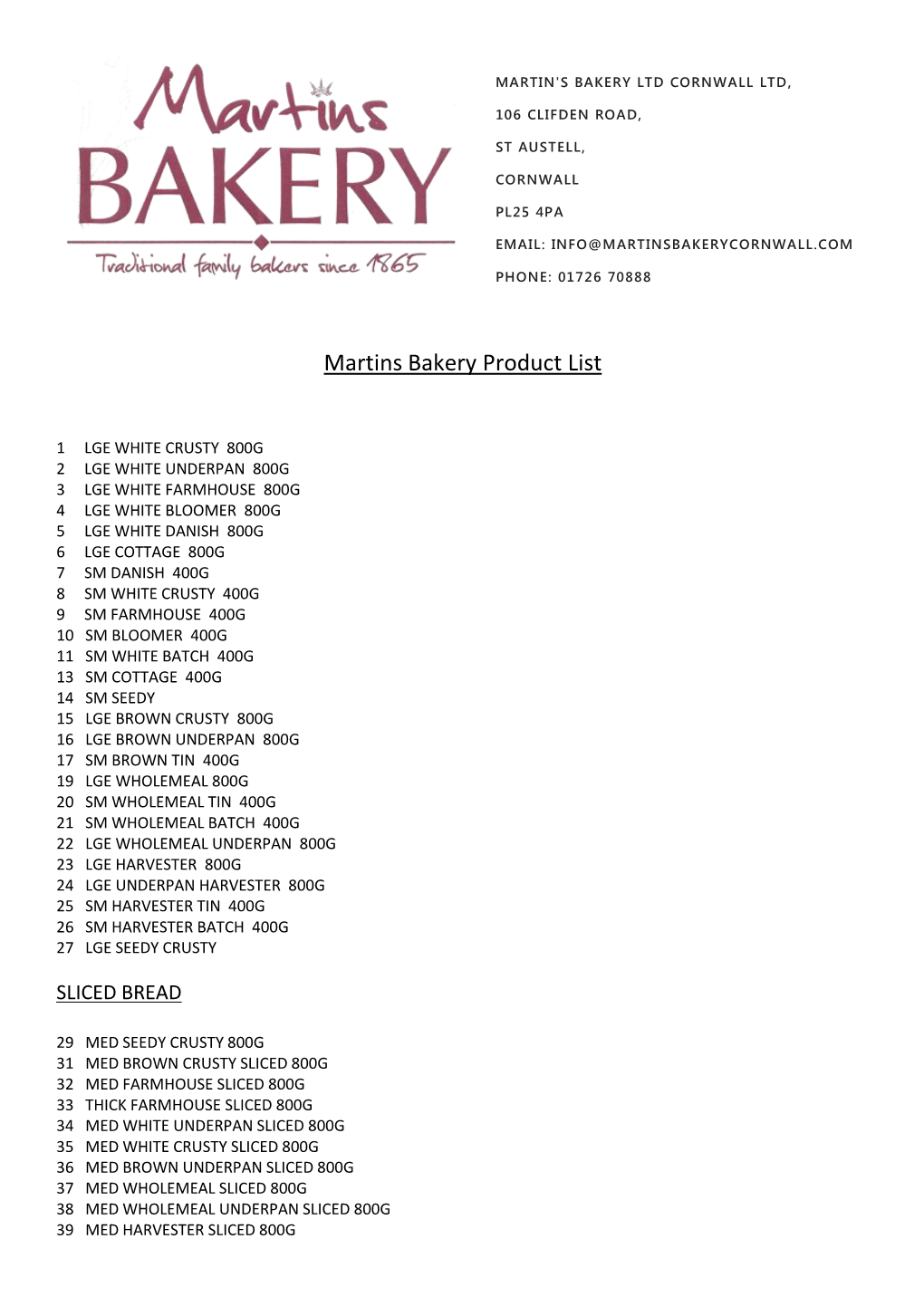 Martins Bakery Product List