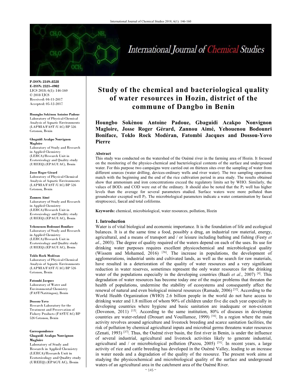 Study of the Chemical and Bacteriological Quality of Water Resources in Hozin, District of the Commune of Dangbo in Benin