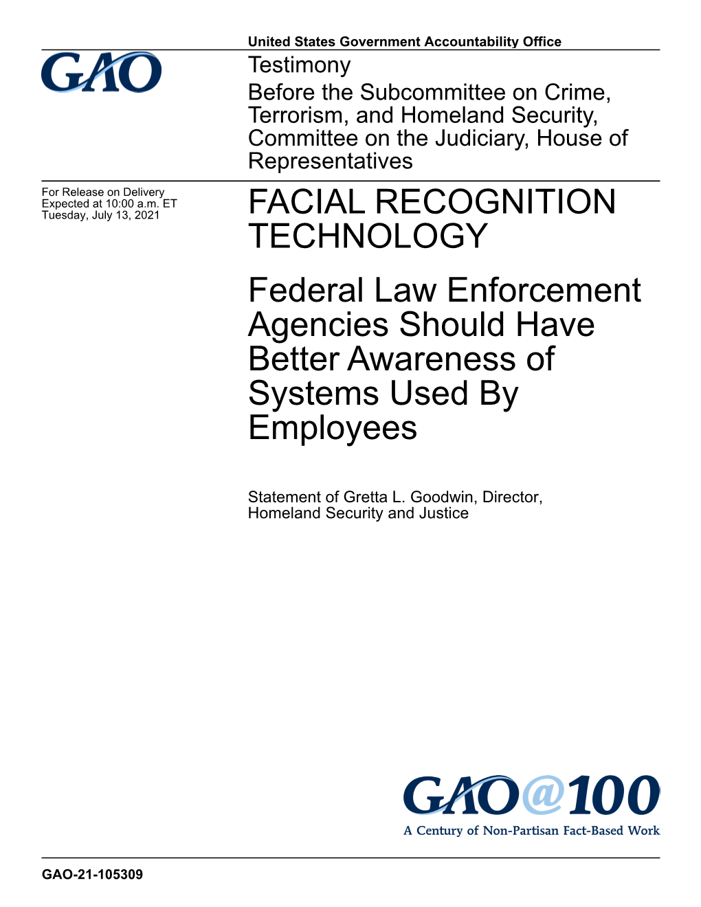 Gao-21-105309, Facial Recognition Technology