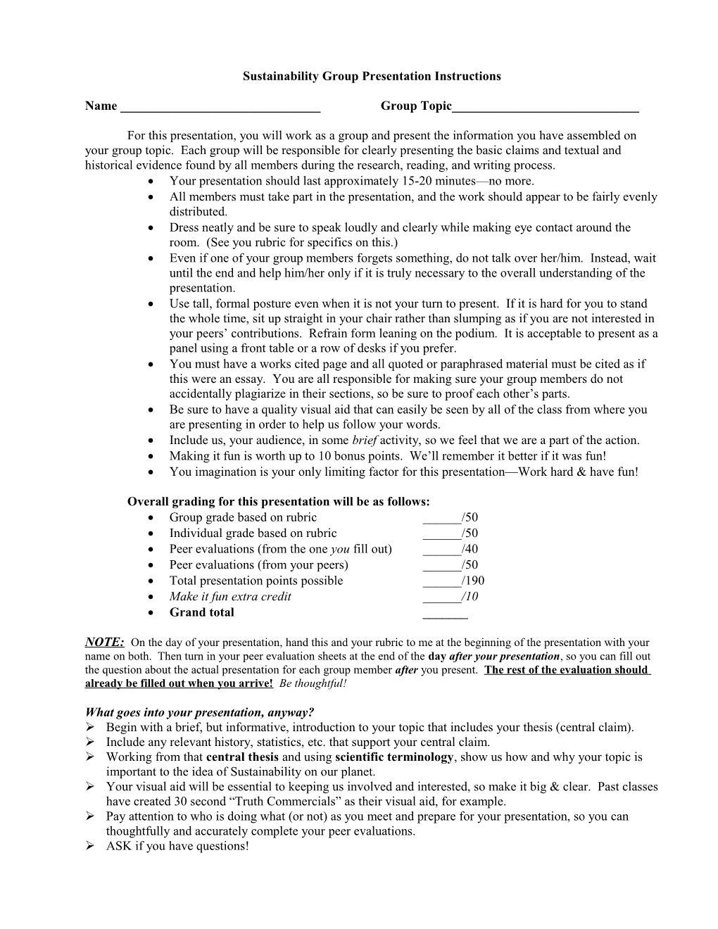 Sustainability Group Presentation Instructions