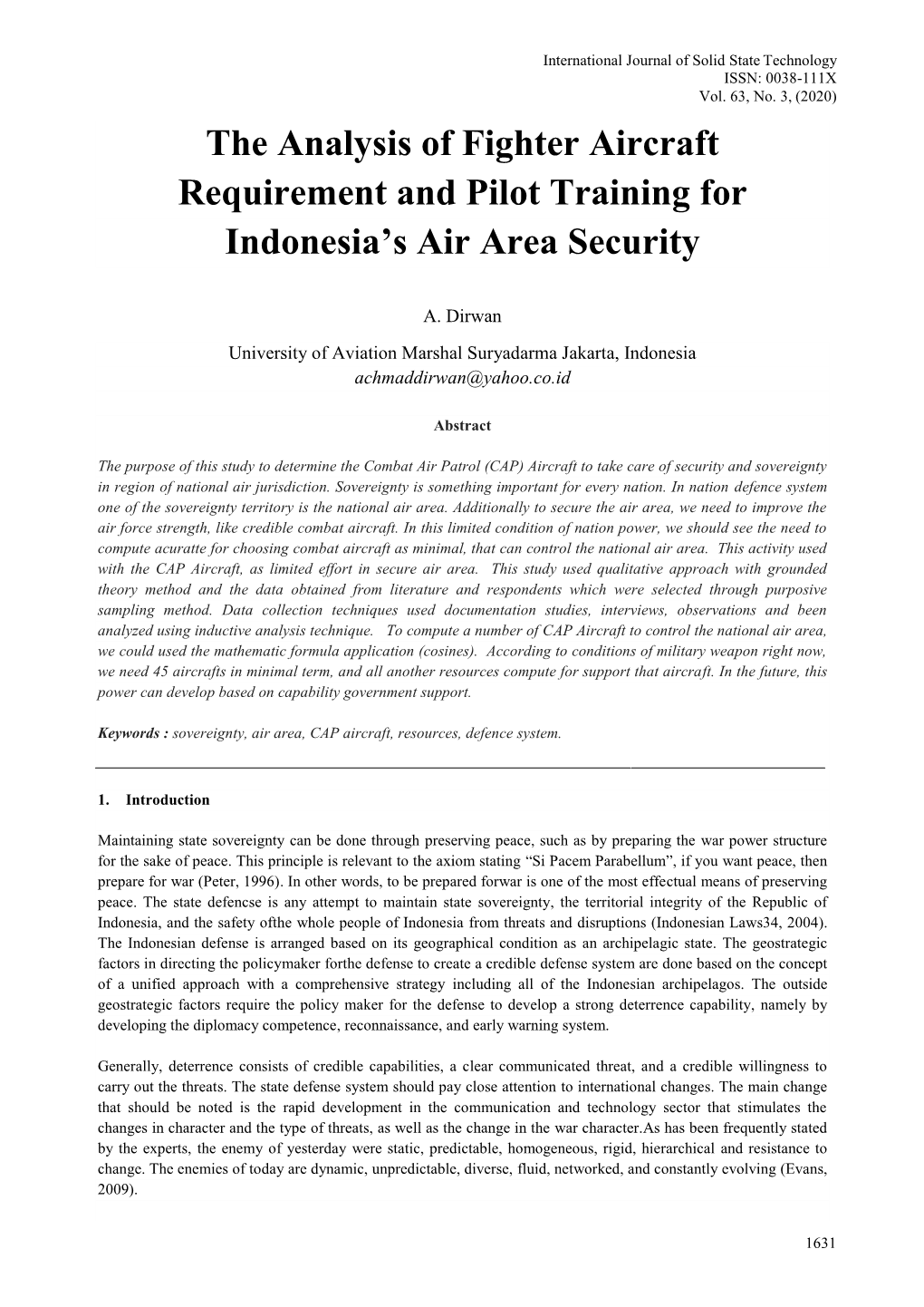 The Analysis of Fighter Aircraft Requirement and Pilot Training for Indonesia’S Air Area Security