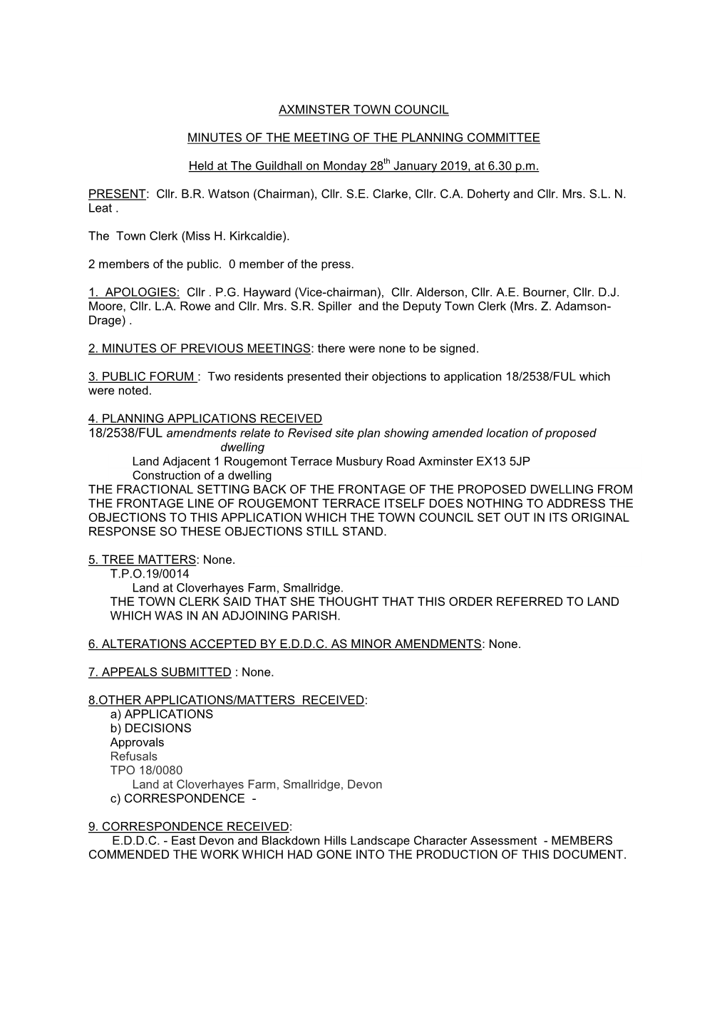 Axminster Town Council Minutes of the Meeting Of
