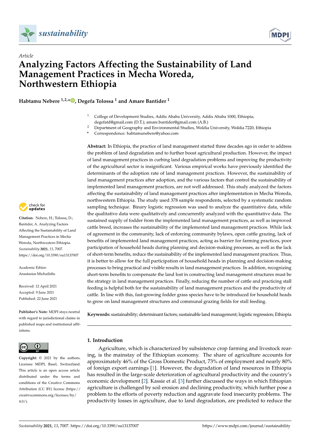 Analyzing Factors Affecting the Sustainability of Land Management Practices in Mecha Woreda, Northwestern Ethiopia