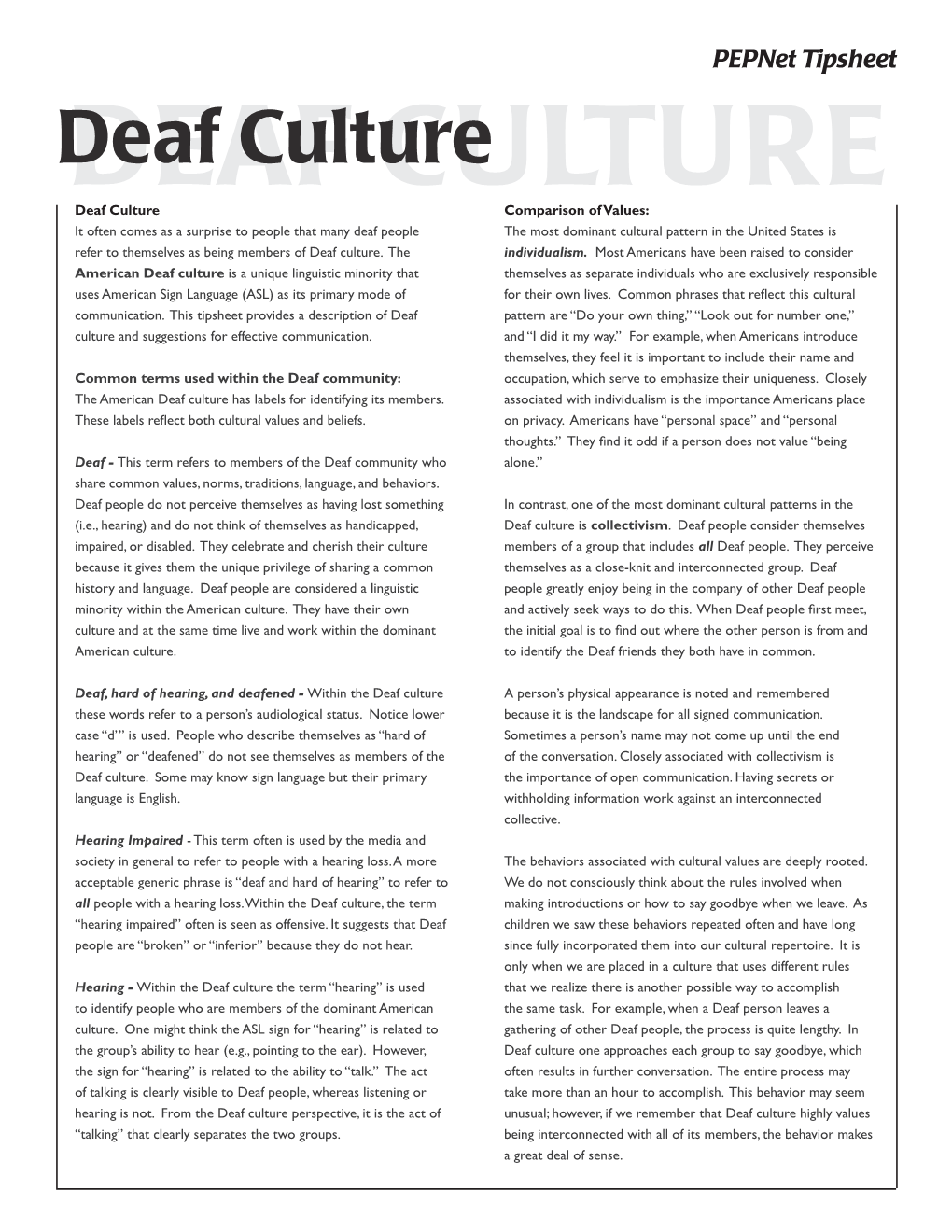 Deaf Culture Pepnet Tipsheet