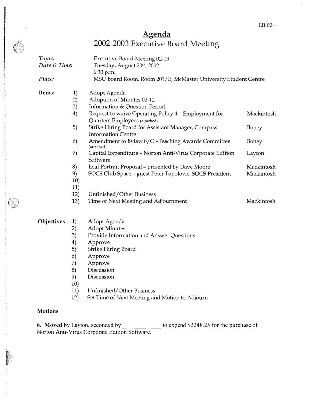 Agenda 2002-2003 Executive Board Meeting