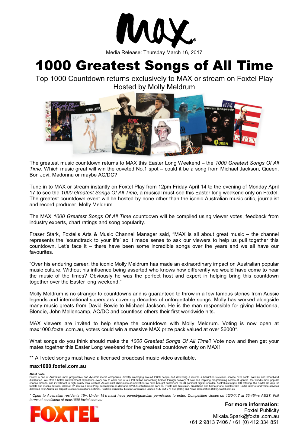 1000 Greatest Songs of All Time Top 1000 Countdown Returns Exclusively to MAX Or Stream on Foxtel Play Hosted by Molly Meldrum