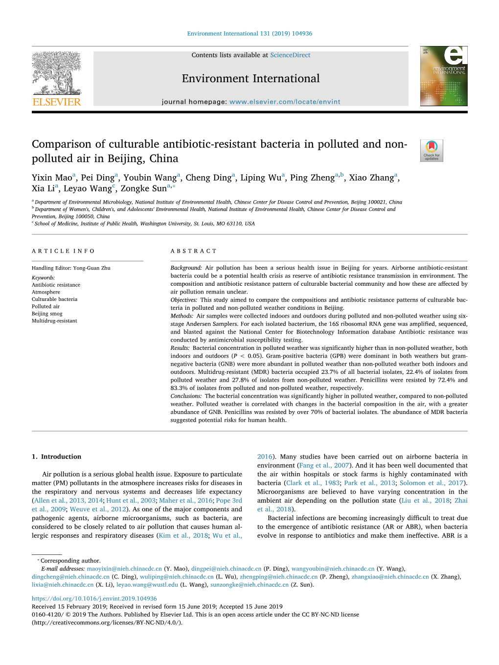 Comparison of Culturable Antibiotic-Resistant Bacteria in Polluted and Non- Polluted Air in Beijing, China T