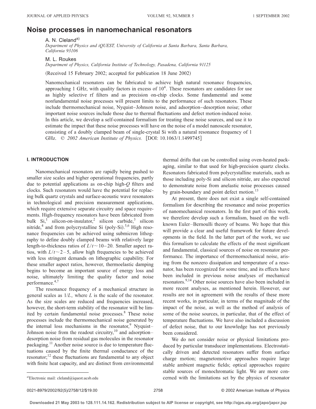 Noise Processes in Nanomechanical Resonators A