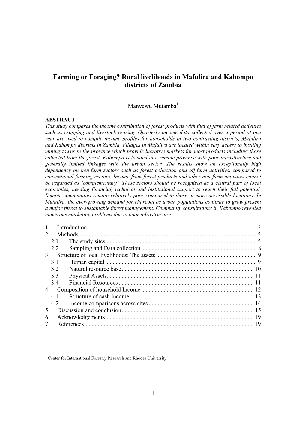 Farming Or Foraging? Rural Livelihoods in Mafulira and Kabompo Districts of Zambia