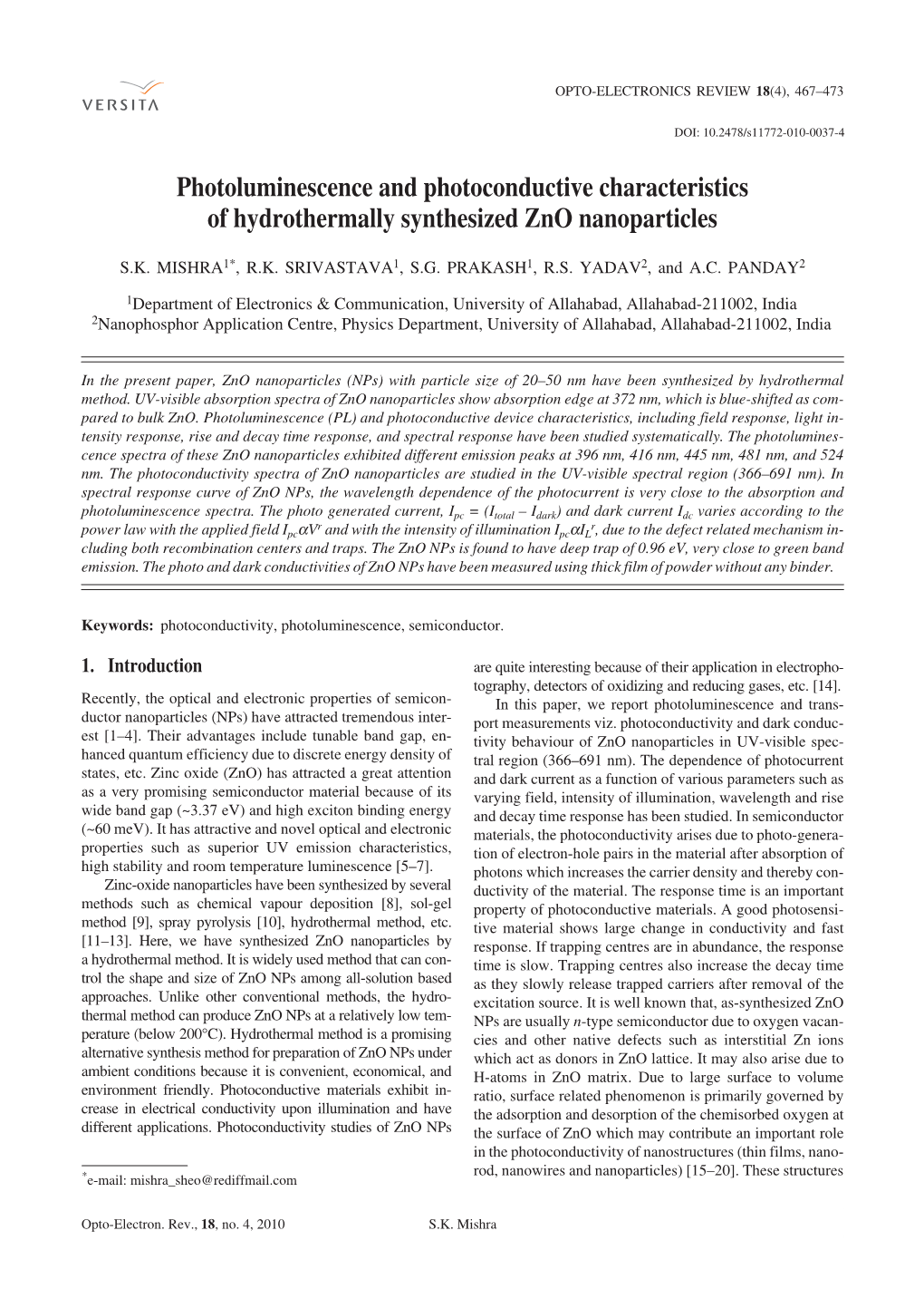 Photoluminescence and Photoconductive Characteristics of Hydrothermally Synthesized Zno Nanoparticles