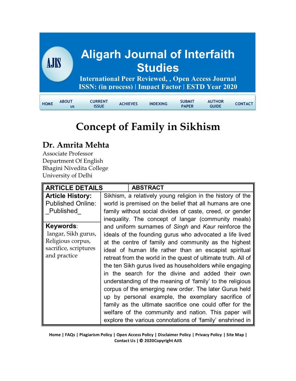 AJIS Studies International Peer Reviewed, , Open Access Journal ISSN: (In Process) | Impact Factor | ESTD Year 2020