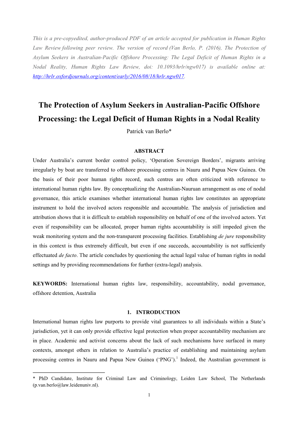 The Protection of Asylum Seekers in Australian-Pacific Offshore Processing: the Legal Deficit of Human Rights in A