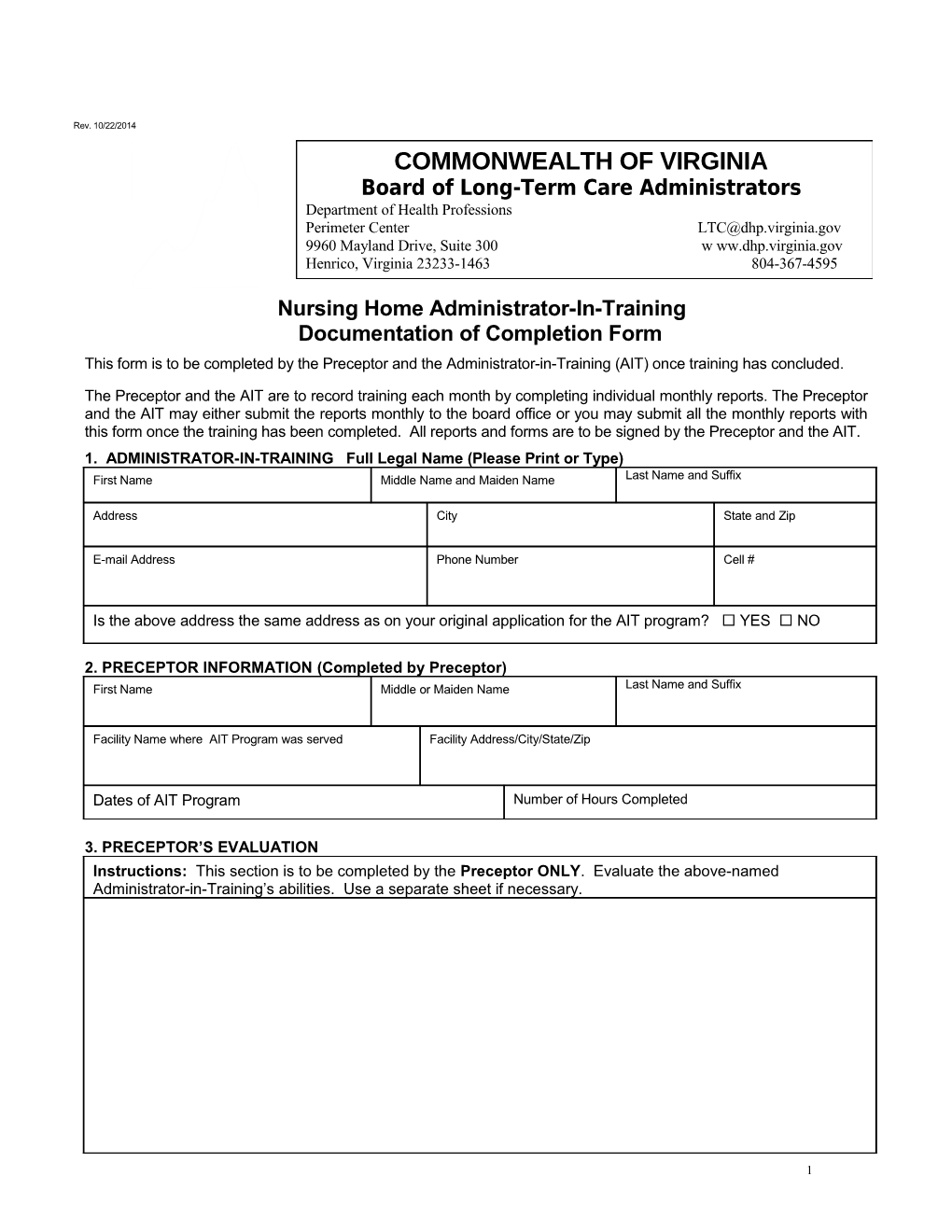 Nursing Home Administrator-In-Training Documentation of Completion Form