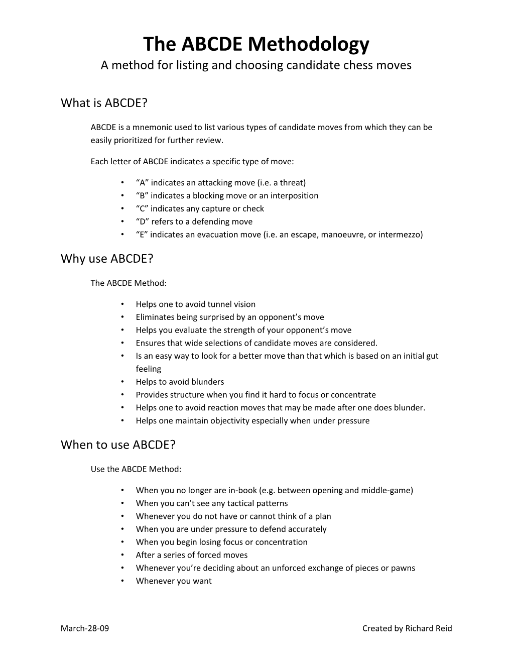 The ABCDE Methodology a Method for Listing and Choosing Candidate Chess Moves