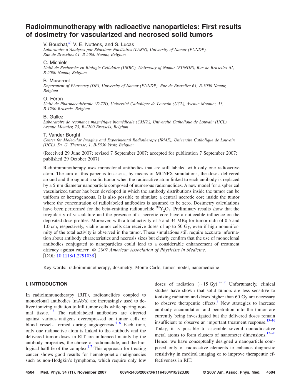 Radioimmunotherapy with Radioactive Nanoparticles: First Results of Dosimetry for Vascularized and Necrosed Solid Tumors ͒ V