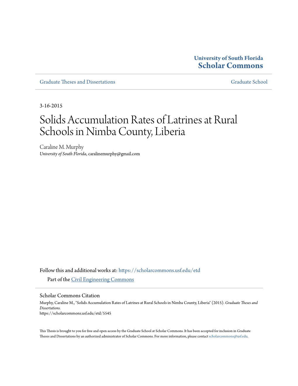 Solids Accumulation Rates of Latrines at Rural Schools in Nimba County, Liberia Caraline M