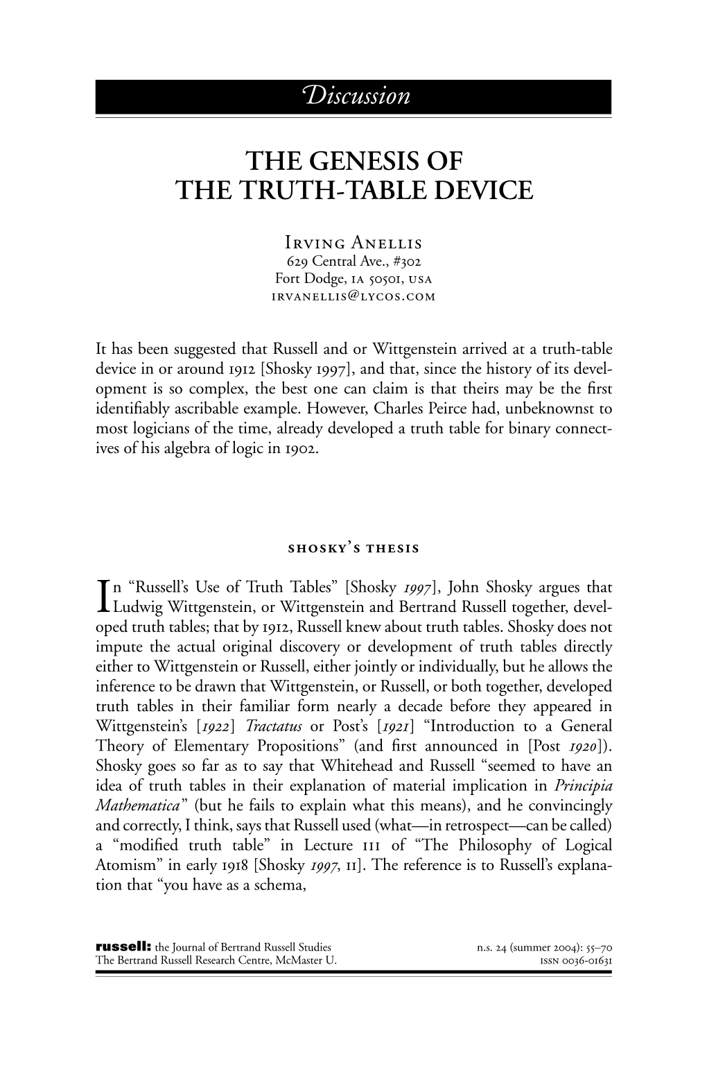 The Genesis of the Truth-Table Device