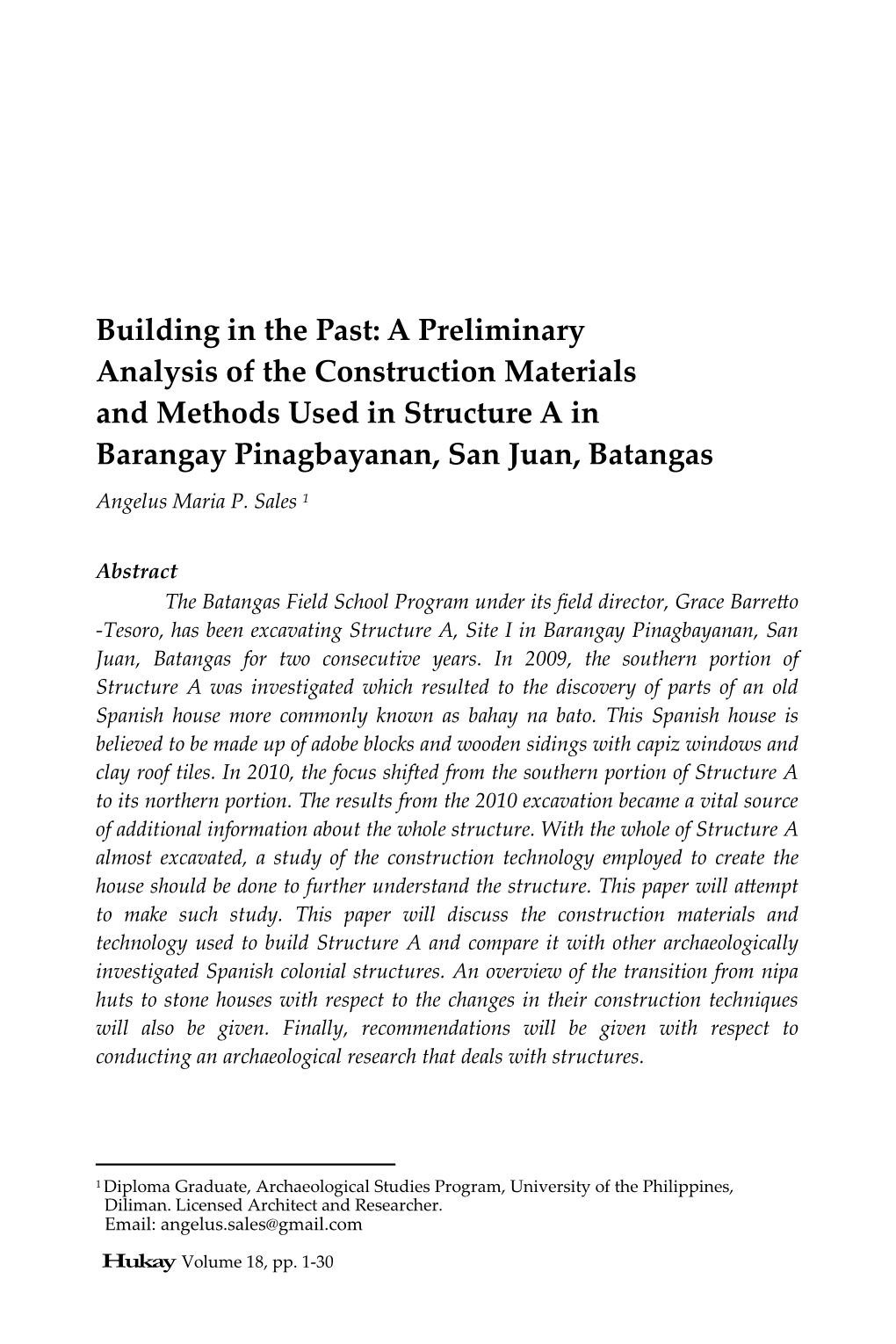 A Preliminary Analysis of the Construction Materials and Methods Used in Structure a in Barangay Pinagbayanan, San Juan, Batangas