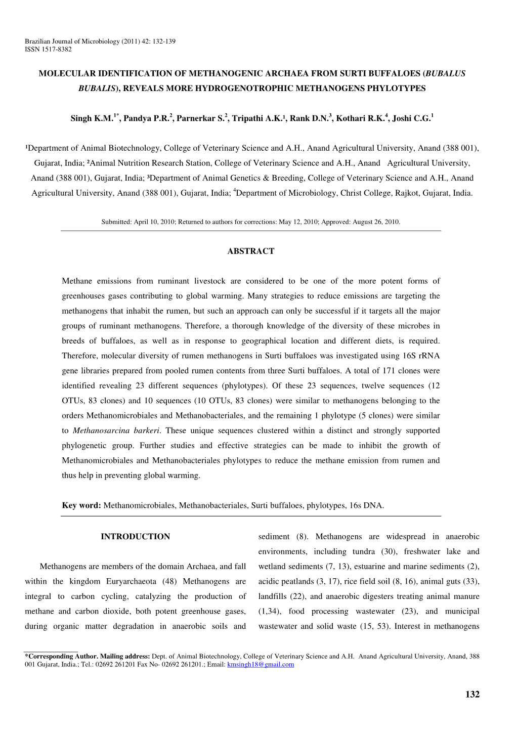 Molecular Identification of Methanogenic Archaea from Surti Buffaloes (Bubalus Bubalis), Reveals More Hydrogenotrophic Methanogens Phylotypes