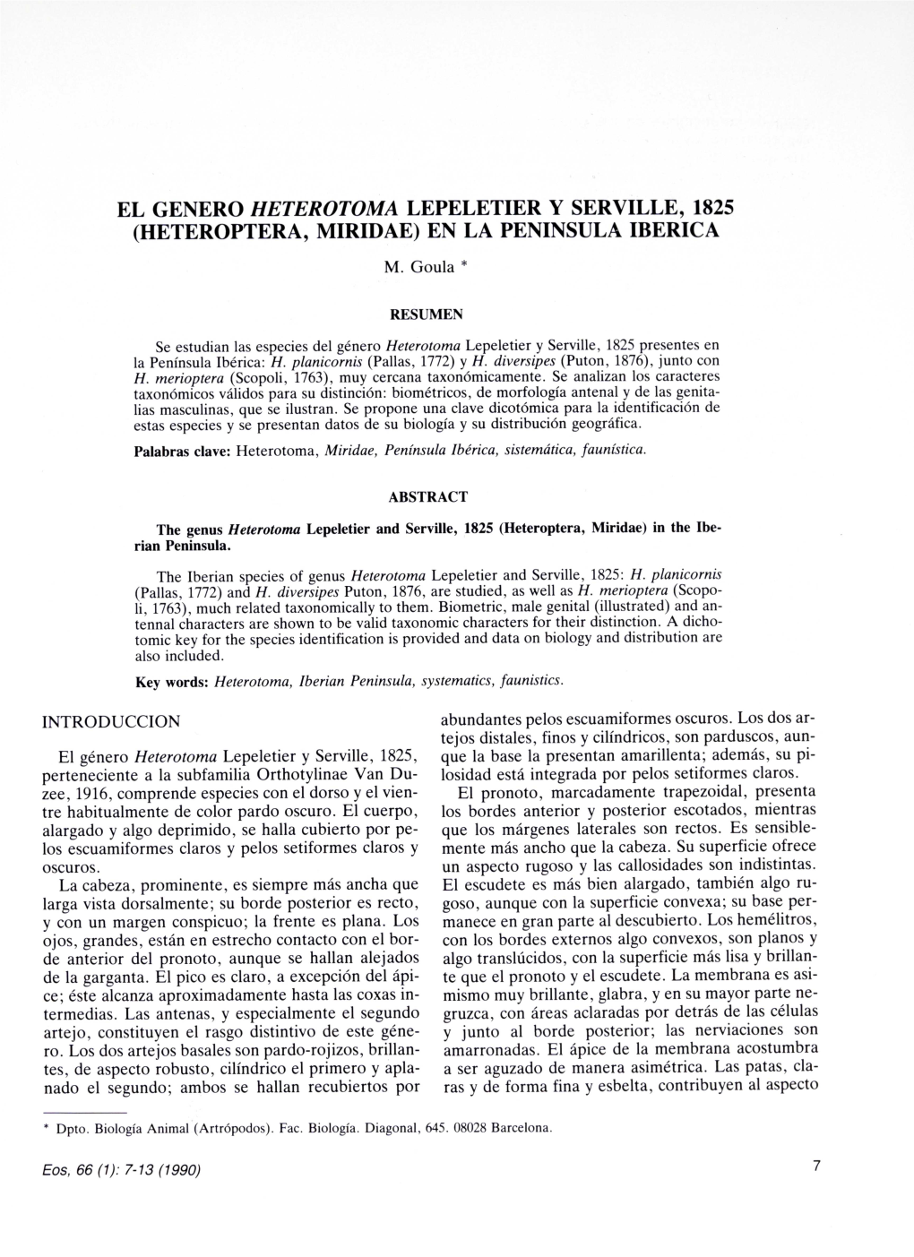 El Genero Heterotoma Lepeletier Y Serville, 1825 (Heteroptera, Miridae) En La Peninsula Iberica M