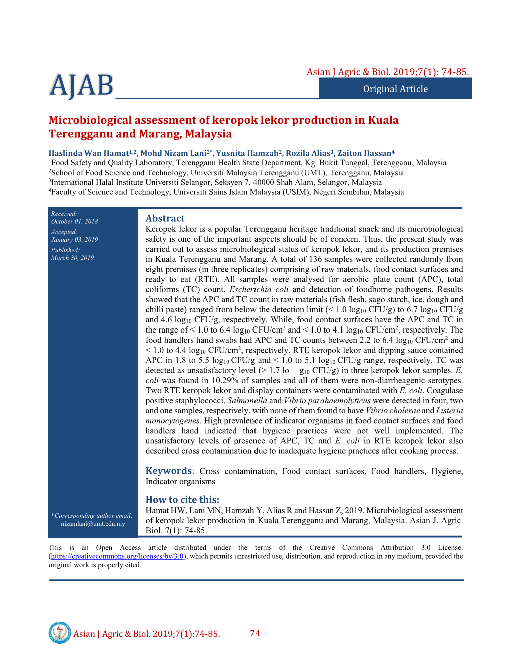 Microbiological Assessment of Keropok Lekor Production in Kuala Terengganu and Marang, Malaysia