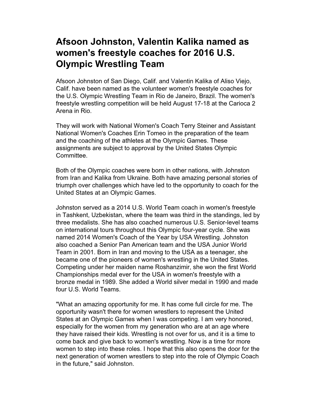 Afsoon Johnston, Valentin Kalika Named As Women's Freestyle Coaches for 2016 U.S. Olympic Wrestling Team