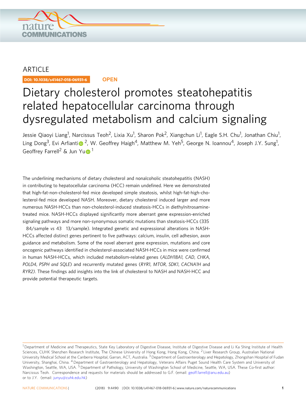 Dietary Cholesterol Promotes Steatohepatitis Related Hepatocellular Carcinoma Through Dysregulated Metabolism and Calcium Signaling