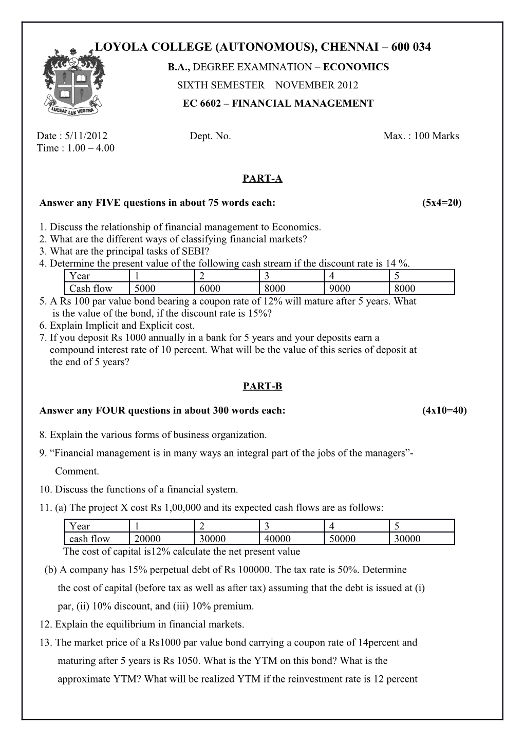 B.A., Degree Examination Economics