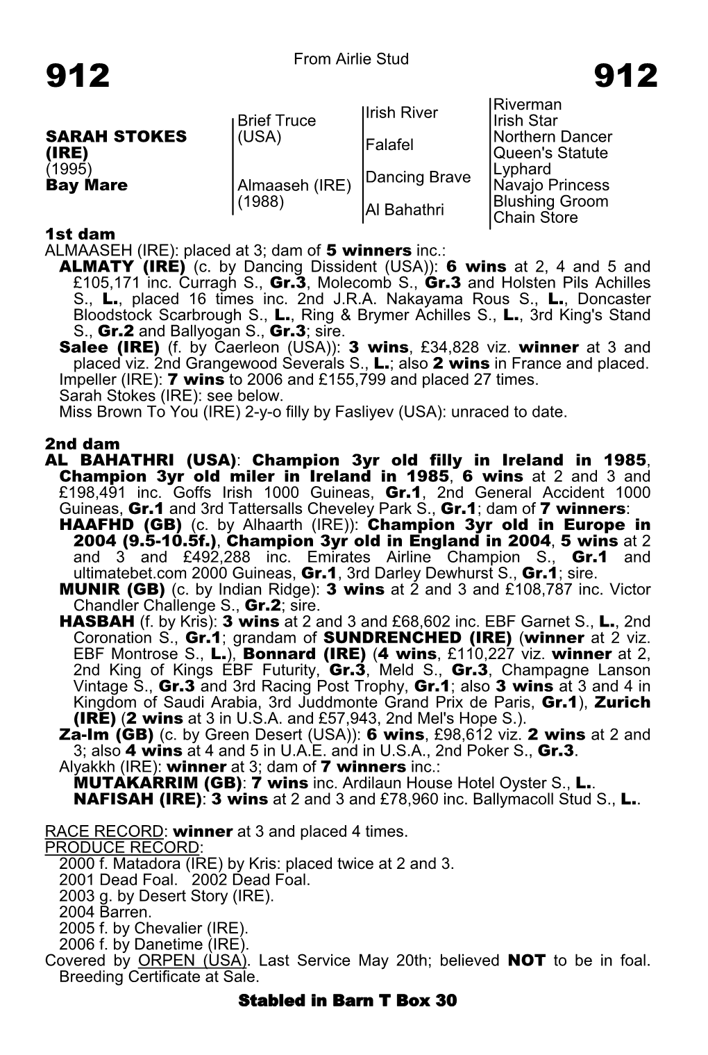 From Airlie Stud Irish River Riverman Irish Star Brief Truce