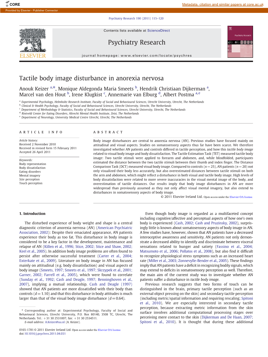 Tactile Body Image Disturbance in Anorexia Nervosa