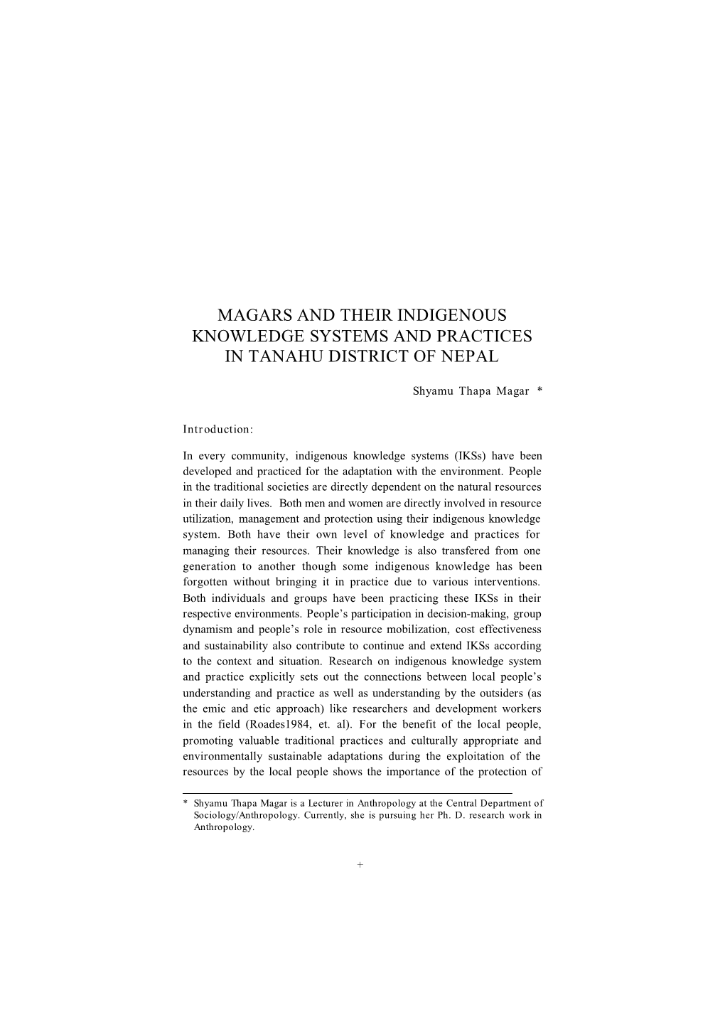 Magars and Their Indigenous Knowledge Systems and Practices in Tanahu District of Nepal
