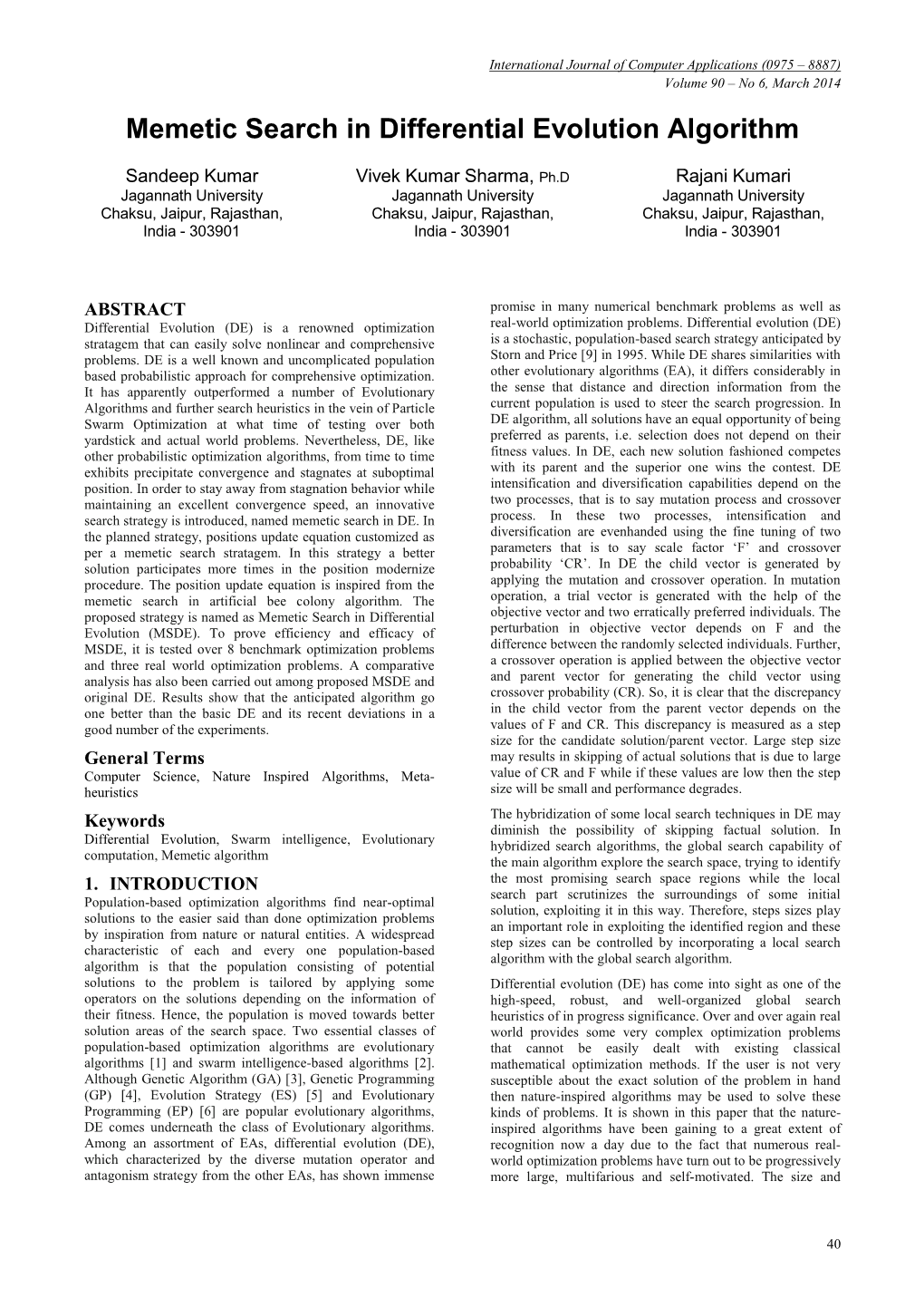 Memetic Search in Differential Evolution Algorithm