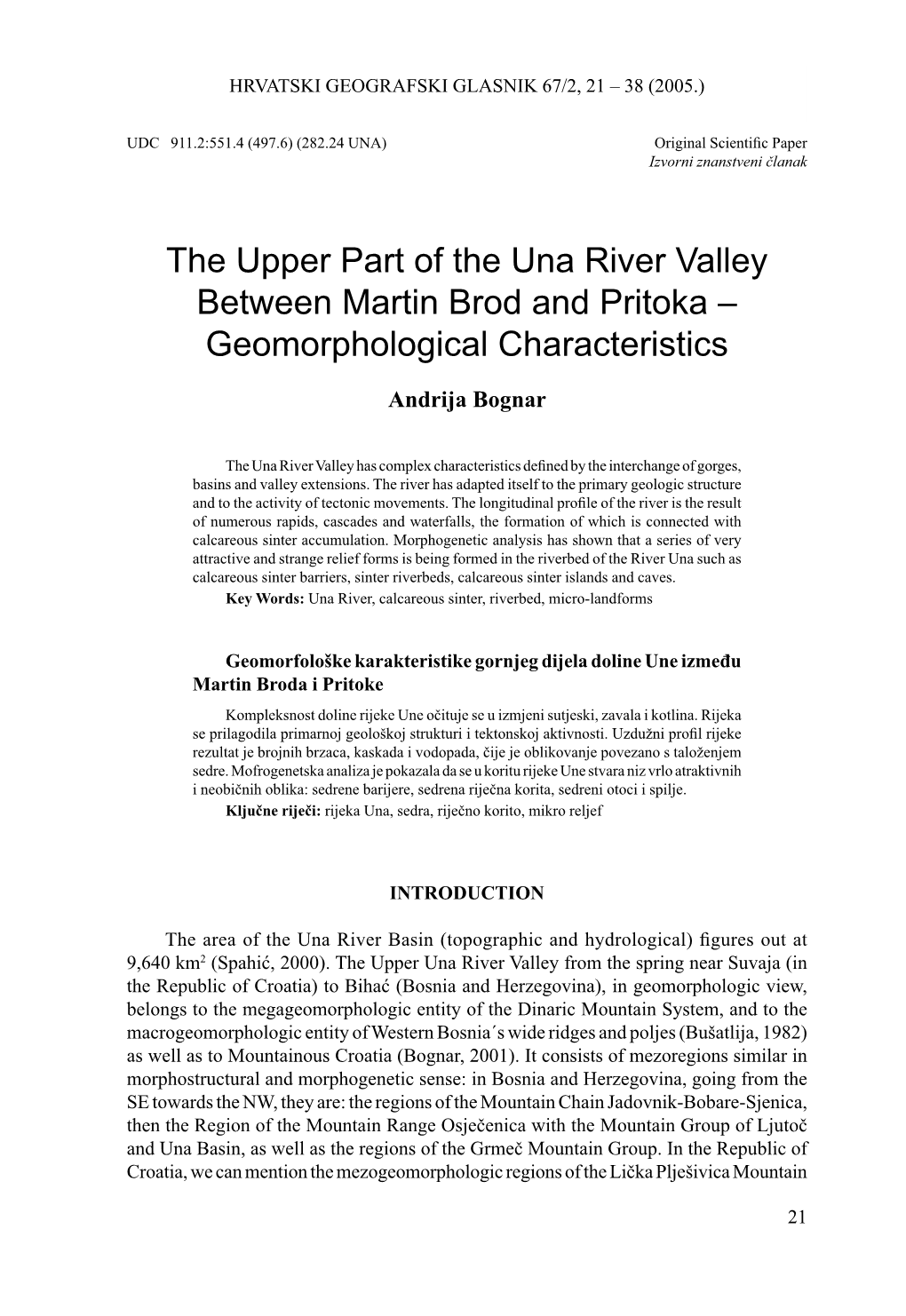 The Upper Part of the Una River Valley Between Martin Brod and Pritoka – Geomorphological Characteristics