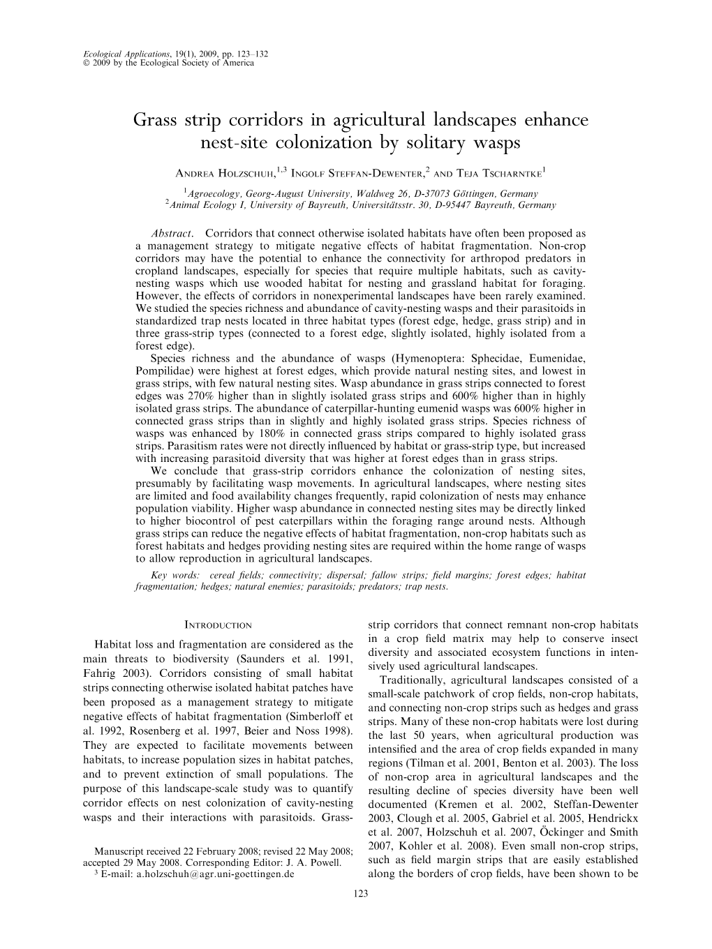 Grass Strip Corridors in Agricultural Landscapes Enhance Nest-Site Colonization by Solitary Wasps