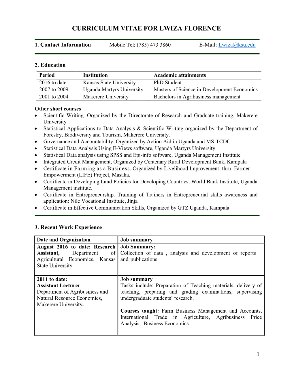 Curriculum Vitae for Lwiza Florence