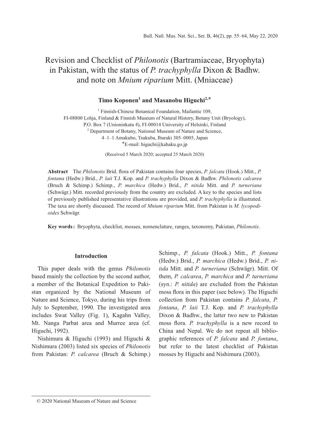 Revision and Checklist of Philonotis (Bartramiaceae, Bryophyta) in Pakistan, with the Status of P. Trachyphylla Dixon &