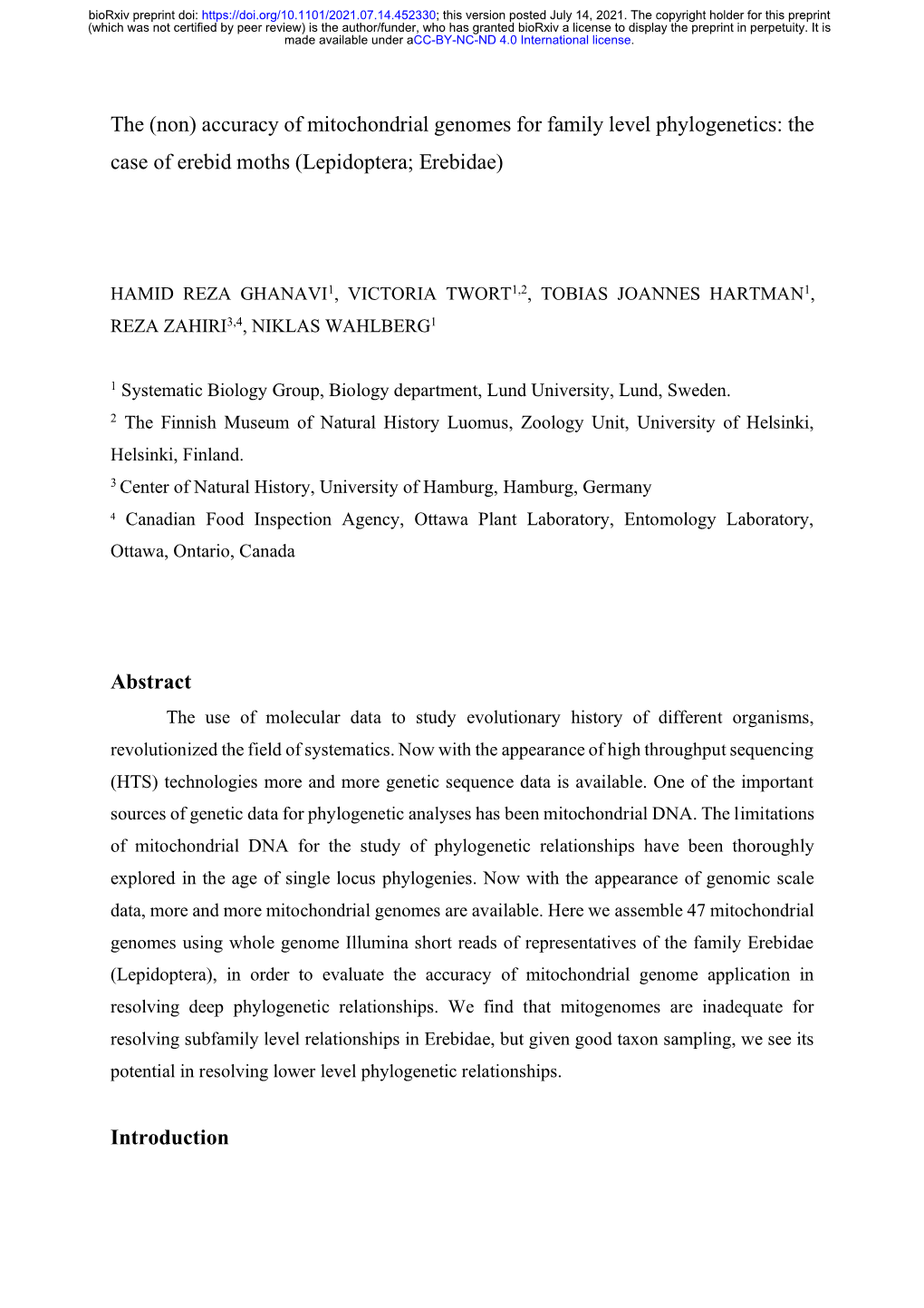 Accuracy of Mitochondrial Genomes for Family Level Phylogenetics: the Case of Erebid Moths (Lepidoptera; Erebidae)