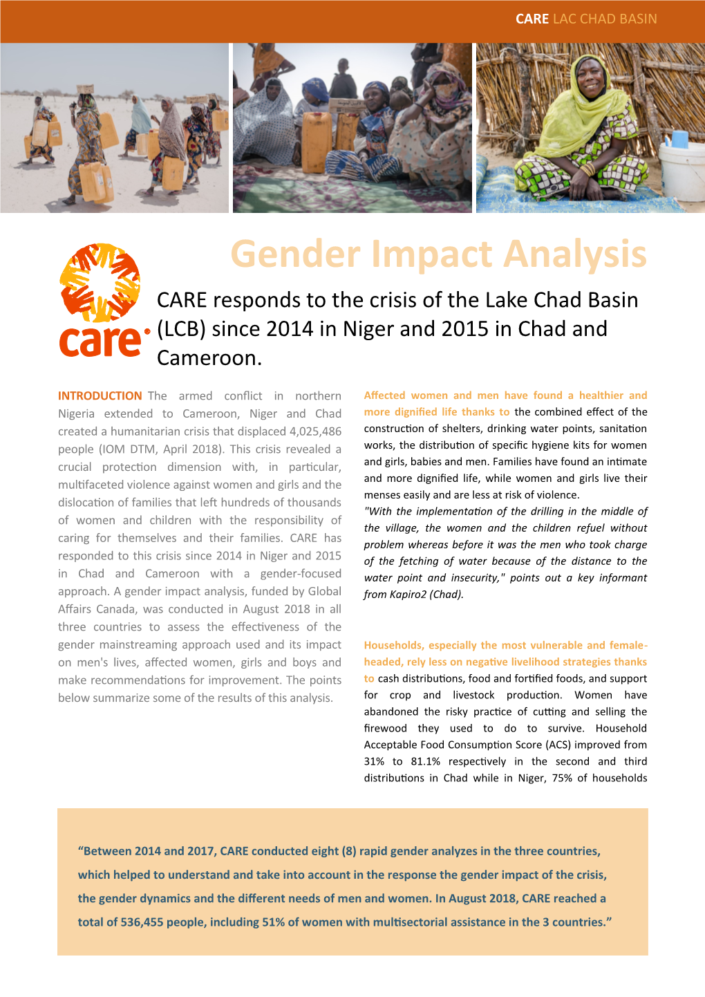 Gender Impact Analysis CARE Responds to the Crisis of the Lake Chad Basin (LCB) Since 2014 in Niger and 2015 in Chad and Cameroon