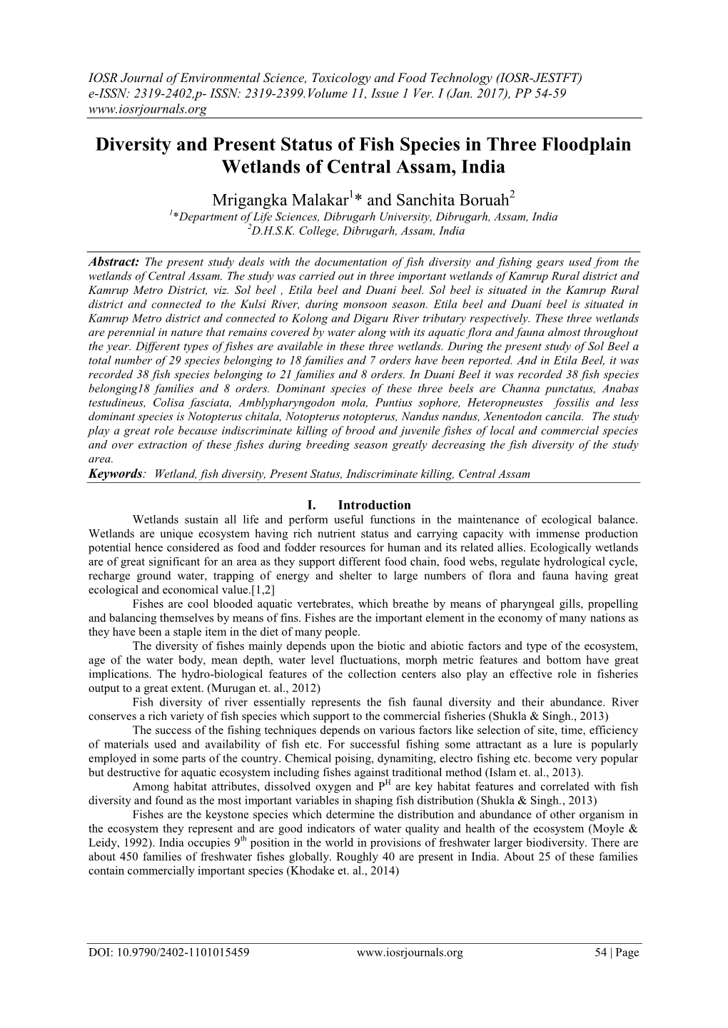 Diversity and Present Status of Fish Species in Three Floodplain Wetlands of Central Assam, India